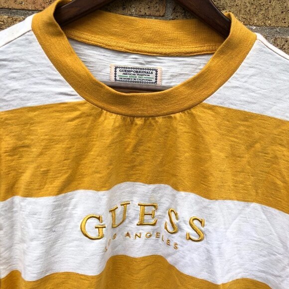 Striped Guess Shirt Crewneck Sweater Large Yellow/White - Picture 2 of 6